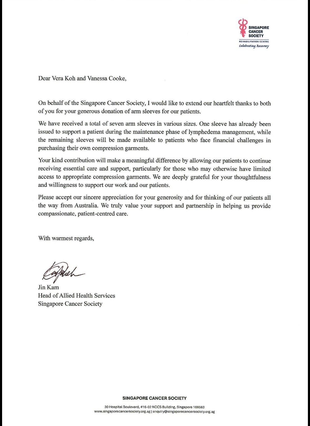 Singapore Cancer Society Letter